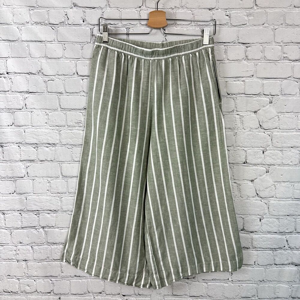 Van Winkle & Co Women's  Pajama Pants Striped Linen Blend in Sage Green White S